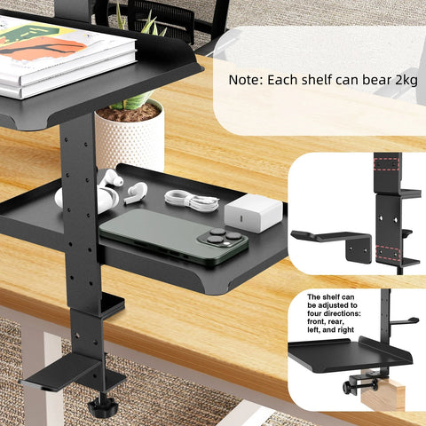 3-Tier Clamp-On Desk Shelf Organizer – Adjustable Carbon Steel Desktop Storage Rack with Headphone Hooks, Space-Saving Desk Caddy for Home Office & Gaming Setup