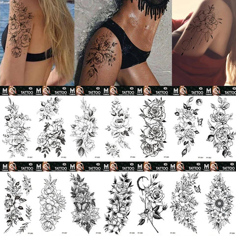 Sexy Black Large Snake Flower Fake Tattoo Stickers