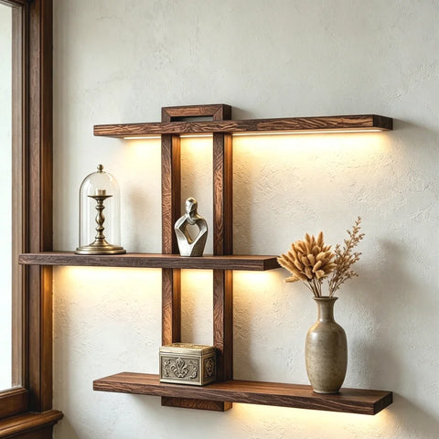 3-Tier Floating Wall Shelves – Rustic Wooden Wall Mounted Storage Shelf for Bathroom, Kitchen, Bedroom & Living Room