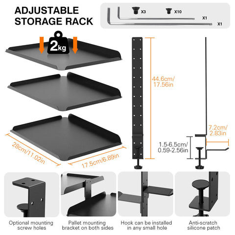 3-Tier Clamp-On Desk Shelf Organizer – Adjustable Carbon Steel Desktop Storage Rack with Headphone Hooks, Space-Saving Desk Caddy for Home Office & Gaming Setup