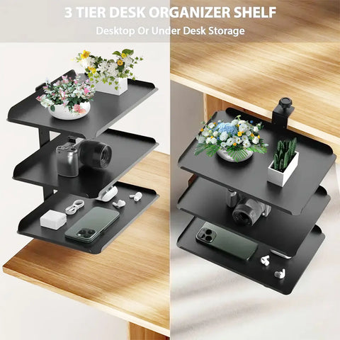 3-Tier Clamp-On Desk Shelf Organizer – Adjustable Carbon Steel Desktop Storage Rack with Headphone Hooks, Space-Saving Desk Caddy for Home Office & Gaming Setup