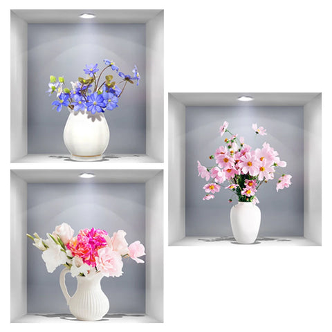3PCS 3D Flower Vase Wall Stickers
