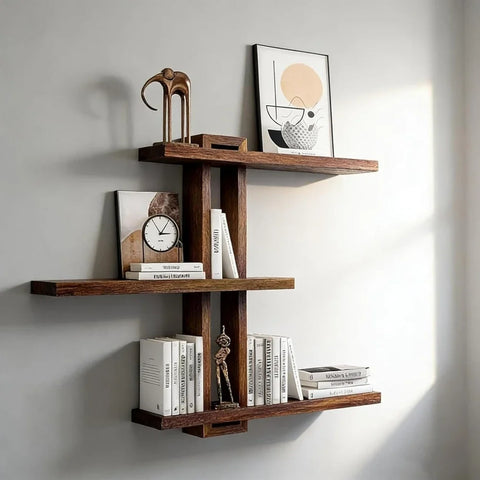 3-Tier Floating Wall Shelves – Rustic Wooden Wall Mounted Storage Shelf for Bathroom, Kitchen, Bedroom & Living Room