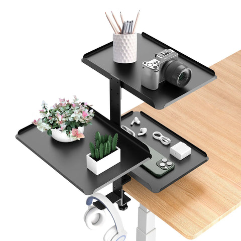 3-Tier Clamp-On Desk Shelf Organizer – Adjustable Carbon Steel Desktop Storage Rack with Headphone Hooks, Space-Saving Desk Caddy for Home Office & Gaming Setup