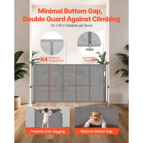 140cm/180cm/280cm Retractable Baby & Pet Safety Gate – 87cm Tall Extendable Mesh Barrier for Stairs, Doorways & Hallways