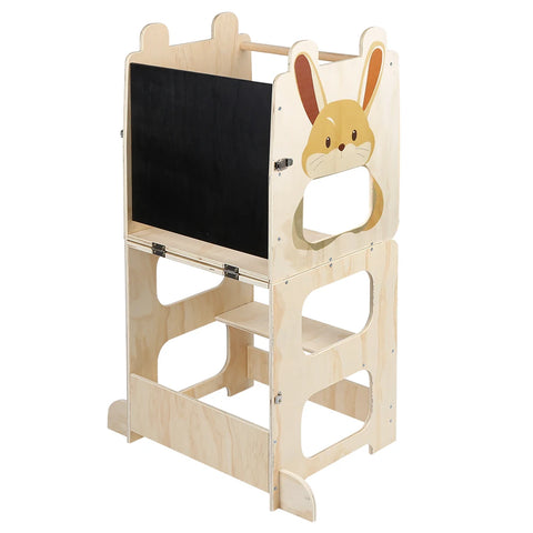 3-in-1 Montessori Learning Tower for Kids – Convertible Kitchen Helper Stool, Foldable Toddler Standing Tower, Table & Chair Set with Blackboard for Cooking, Learning & Drawing