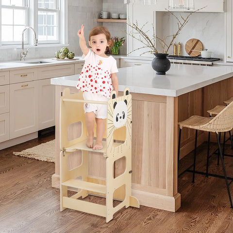 3-in-1 Montessori Learning Tower for Kids – Convertible Kitchen Helper Stool, Foldable Toddler Standing Tower, Table & Chair Set with Blackboard for Cooking, Learning & Drawing