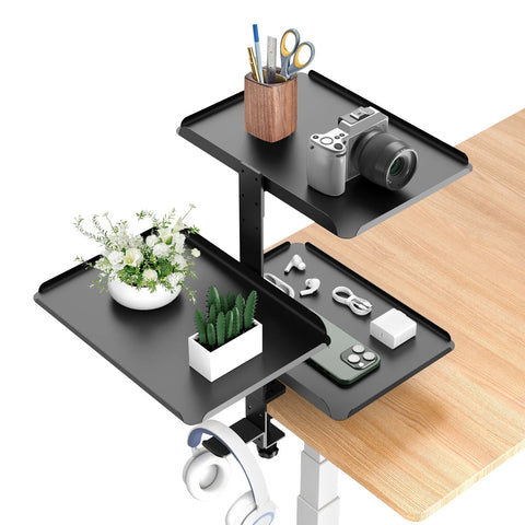 3-Tier Clamp-On Desk Shelf Organizer – Adjustable Carbon Steel Desktop Storage Rack with Headphone Hooks, Space-Saving Desk Caddy for Home Office & Gaming Setup