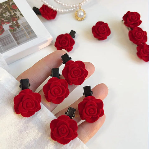 1-10PCS Red Velvet Rose Hair Clips