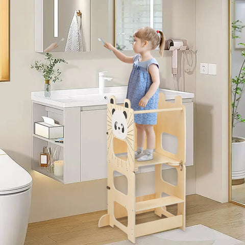 3-in-1 Montessori Learning Tower for Kids – Convertible Kitchen Helper Stool, Foldable Toddler Standing Tower, Table & Chair Set with Blackboard for Cooking, Learning & Drawing