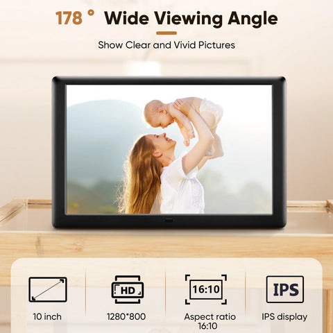 10-Inch Digital Photo Frame with IPS Display – HD Electronic Picture Frame with Photo Slideshow, Video & Music Player, Calendar, Alarm Clock, USB/SD Card Support & Remote Control