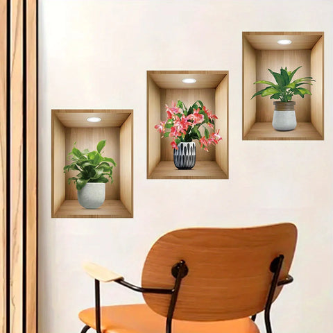 3PCS Potted Flower Plant Wall Stickers