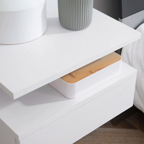 Set of 2 Floating Wall-Mounted Bedside Tables – Modern White Nightstands with Sliding Drawer, Open Storage Shelf & Space-Saving Design