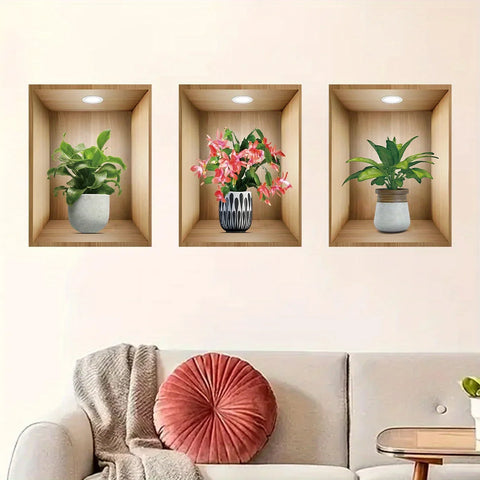 3PCS Potted Flower Plant Wall Stickers