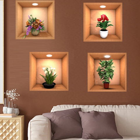 4PCS Potted Plant Illustration Wall Decals