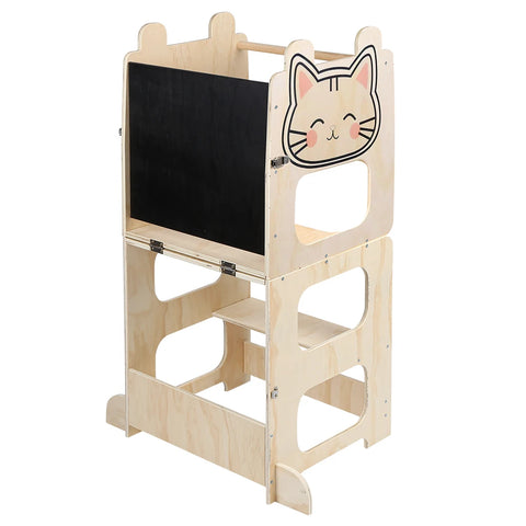 3-in-1 Montessori Learning Tower for Kids – Convertible Kitchen Helper Stool, Foldable Toddler Standing Tower, Table & Chair Set with Blackboard for Cooking, Learning & Drawing