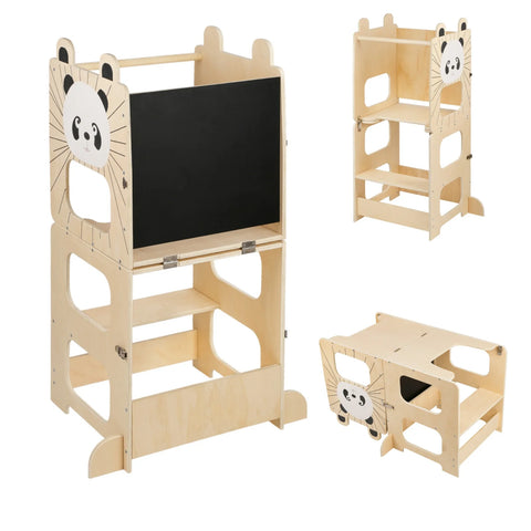 3-in-1 Montessori Learning Tower for Kids – Convertible Kitchen Helper Stool, Foldable Toddler Standing Tower, Table & Chair Set with Blackboard for Cooking, Learning & Drawing