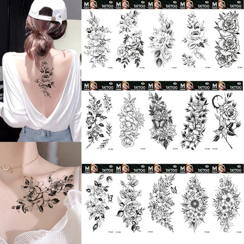 Sexy Black Large Snake Flower Fake Tattoo Stickers