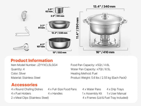 4 Pack Stainless Steel Chafing Dish Buffet Set – 5QT Full-Size Catering Food Warmers with Folding Stand, Lid & Serving Tongs for Parties, Weddings & Banquets (Gold, Rose Gold or Silver)
