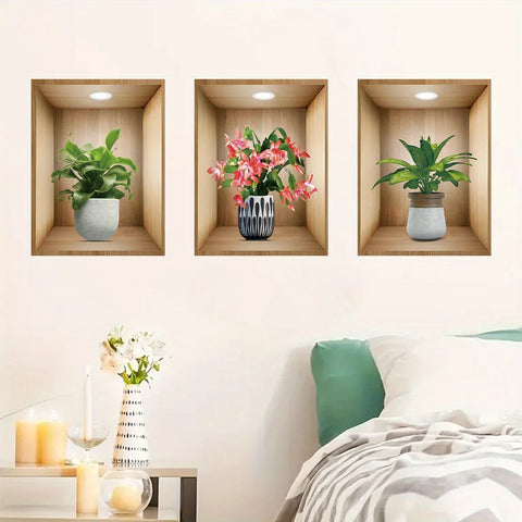 3PCS Potted Flower Plant Wall Stickers