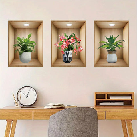 3PCS Potted Flower Plant Wall Stickers