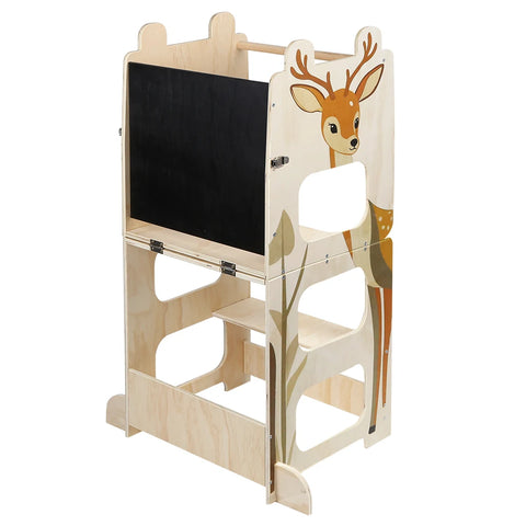 3-in-1 Montessori Learning Tower for Kids – Convertible Kitchen Helper Stool, Foldable Toddler Standing Tower, Table & Chair Set with Blackboard for Cooking, Learning & Drawing