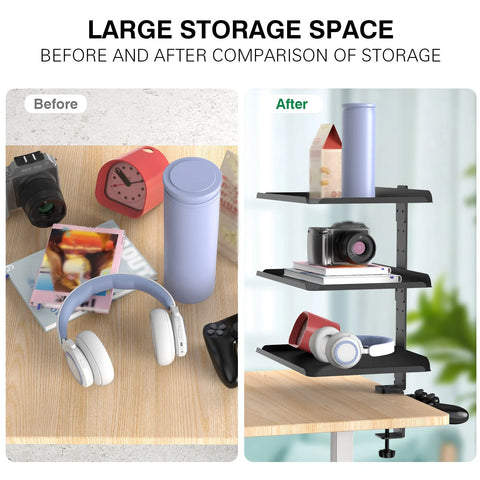 3-Tier Clamp-On Desk Shelf Organizer – Adjustable Carbon Steel Desktop Storage Rack with Headphone Hooks, Space-Saving Desk Caddy for Home Office & Gaming Setup