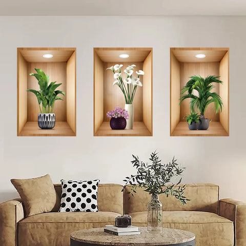 3PCS/Set 3D Plant Vase Wall Stickers