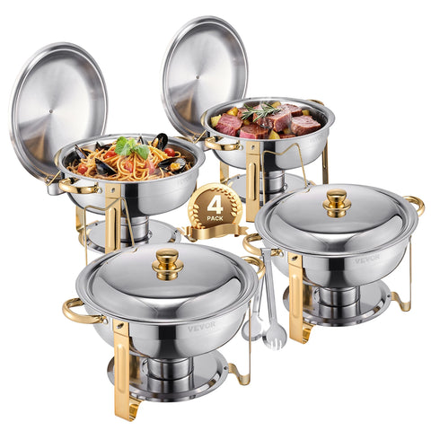 4 Pack Stainless Steel Chafing Dish Buffet Set – 5QT Full-Size Catering Food Warmers with Folding Stand, Lid & Serving Tongs for Parties, Weddings & Banquets (Gold, Rose Gold or Silver)
