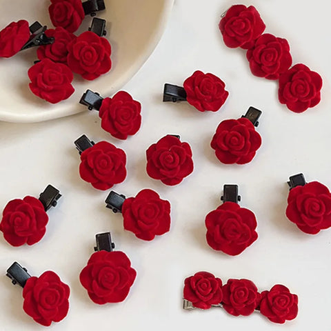 1-10PCS Red Velvet Rose Hair Clips