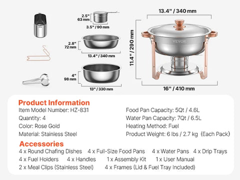 4 Pack Stainless Steel Chafing Dish Buffet Set – 5QT Full-Size Catering Food Warmers with Folding Stand, Lid & Serving Tongs for Parties, Weddings & Banquets (Gold, Rose Gold or Silver)