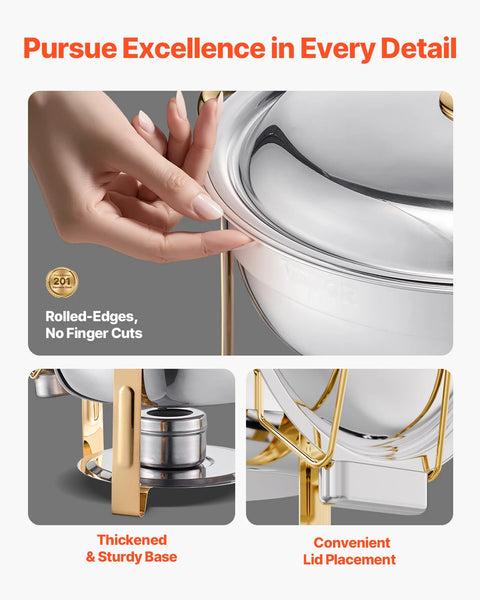 4 Pack Stainless Steel Chafing Dish Buffet Set – 5QT Full-Size Catering Food Warmers with Folding Stand, Lid & Serving Tongs for Parties, Weddings & Banquets (Gold, Rose Gold or Silver)