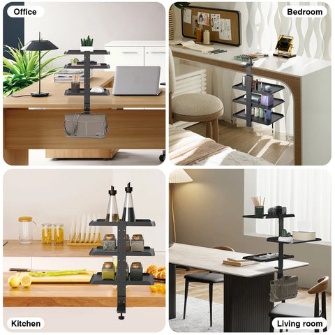 3-Tier Clamp-On Desk Shelf Organizer – Adjustable Carbon Steel Desktop Storage Rack with Headphone Hooks, Space-Saving Desk Caddy for Home Office & Gaming Setup