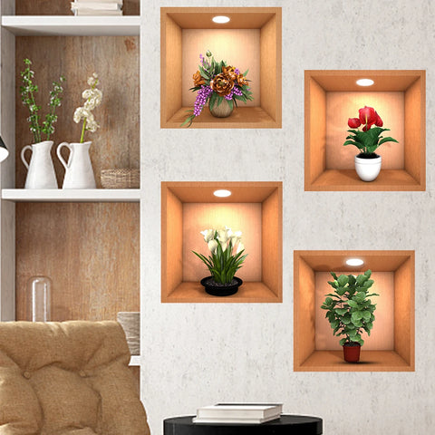 4PCS Potted Plant Illustration Wall Decals