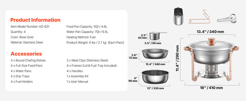 4 Pack Stainless Steel Chafing Dish Buffet Set – 5QT Full-Size Catering Food Warmers with Folding Stand, Lid & Serving Tongs for Parties, Weddings & Banquets (Gold, Rose Gold or Silver)