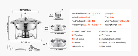 4 Pack Stainless Steel Chafing Dish Buffet Set – 5QT Full-Size Catering Food Warmers with Folding Stand, Lid & Serving Tongs for Parties, Weddings & Banquets (Gold, Rose Gold or Silver)