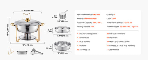 4 Pack Stainless Steel Chafing Dish Buffet Set – 5QT Full-Size Catering Food Warmers with Folding Stand, Lid & Serving Tongs for Parties, Weddings & Banquets (Gold, Rose Gold or Silver)