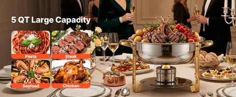 4 Pack Stainless Steel Chafing Dish Buffet Set – 5QT Full-Size Catering Food Warmers with Folding Stand, Lid & Serving Tongs for Parties, Weddings & Banquets (Gold, Rose Gold or Silver)