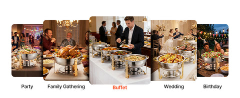 4 Pack Stainless Steel Chafing Dish Buffet Set – 5QT Full-Size Catering Food Warmers with Folding Stand, Lid & Serving Tongs for Parties, Weddings & Banquets (Gold, Rose Gold or Silver)