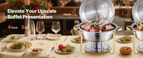 4 Pack Stainless Steel Chafing Dish Buffet Set – 5QT Full-Size Catering Food Warmers with Folding Stand, Lid & Serving Tongs for Parties, Weddings & Banquets (Gold, Rose Gold or Silver)