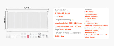 140cm/180cm/280cm Retractable Baby & Pet Safety Gate – 87cm Tall Extendable Mesh Barrier for Stairs, Doorways & Hallways