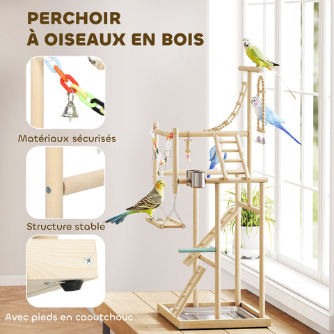 PawHut Wooden Bird Playground Stand – Multi-Level Play Gym with Swing, Ladders, Feeding Bowls & Removable Tray for Parakeets, Cockatiels, Conures & Small Birds