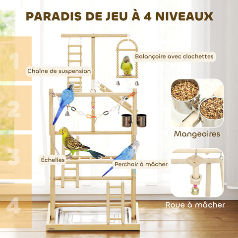 PawHut Wooden Bird Playground Stand – Multi-Level Play Gym with Swing, Ladders, Feeding Bowls & Removable Tray for Parakeets, Cockatiels, Conures & Small Birds