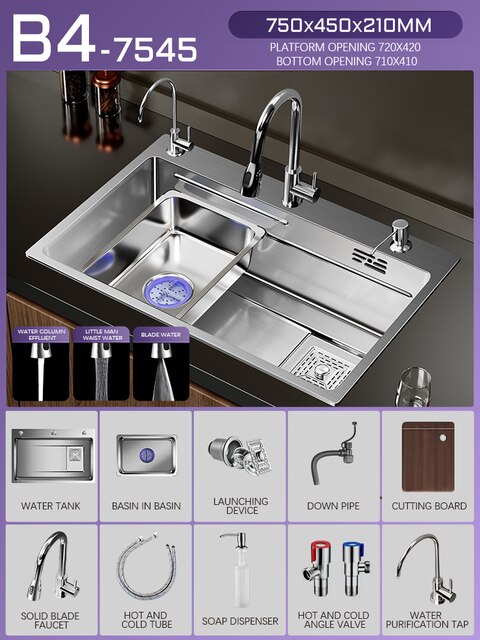 Silver Nano 304 Stainless Steel Kitchen Waterfall Sink