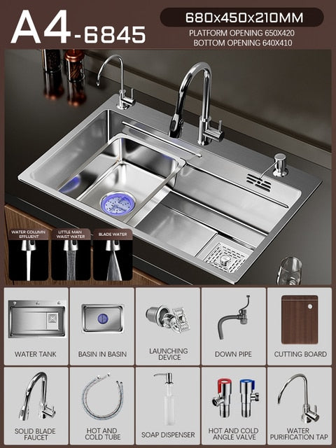 Silver Nano 304 Stainless Steel Kitchen Waterfall Sink