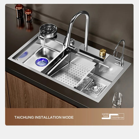 Silver Nano 304 Stainless Steel Kitchen Waterfall Sink