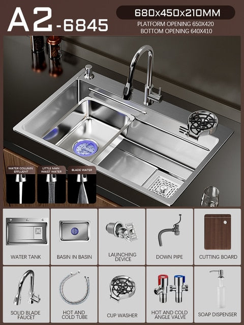 Silver Nano 304 Stainless Steel Kitchen Waterfall Sink