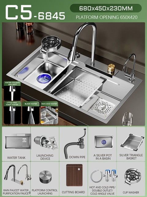 Silver Nano 304 Stainless Steel Kitchen Waterfall Sink