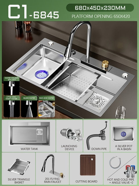 Silver Nano 304 Stainless Steel Kitchen Waterfall Sink