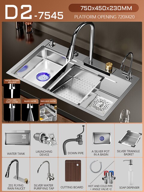 Silver Nano 304 Stainless Steel Kitchen Waterfall Sink